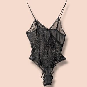 Victoria's Secret Vintage 80s Black Sheer Lace Beaded Cheeky Teddy Lingerie SM